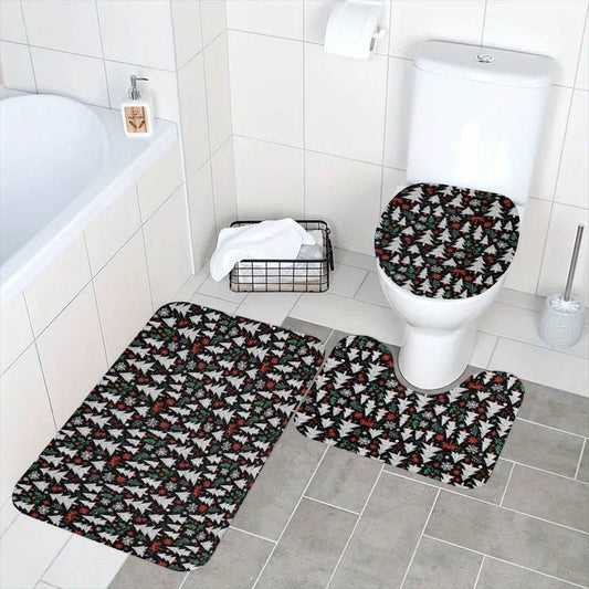 Christmas Tree Bathroom Four-Piece Set (Shower Curtain + Toilet Cover Mat + Toilet Foot Mat + Floor Mat)| Polyester - DeRose Seasonal