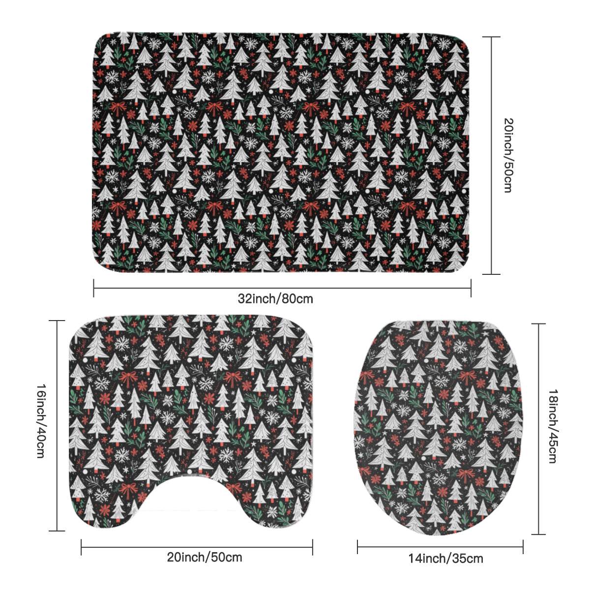 Christmas Tree Bathroom Four-Piece Set (Shower Curtain + Toilet Cover Mat + Toilet Foot Mat + Floor Mat)| Polyester - DeRose Seasonal