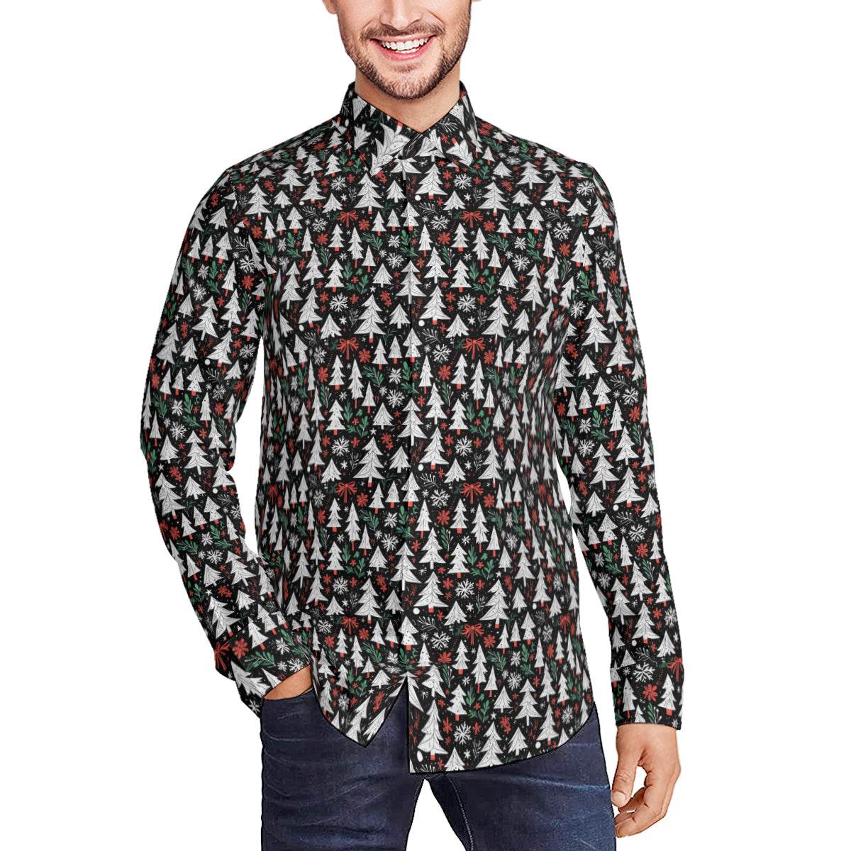 Christmas Tree Men's Classic Long-Sleeved Button up Polyester Dress Shirt - DeRose Seasonal
