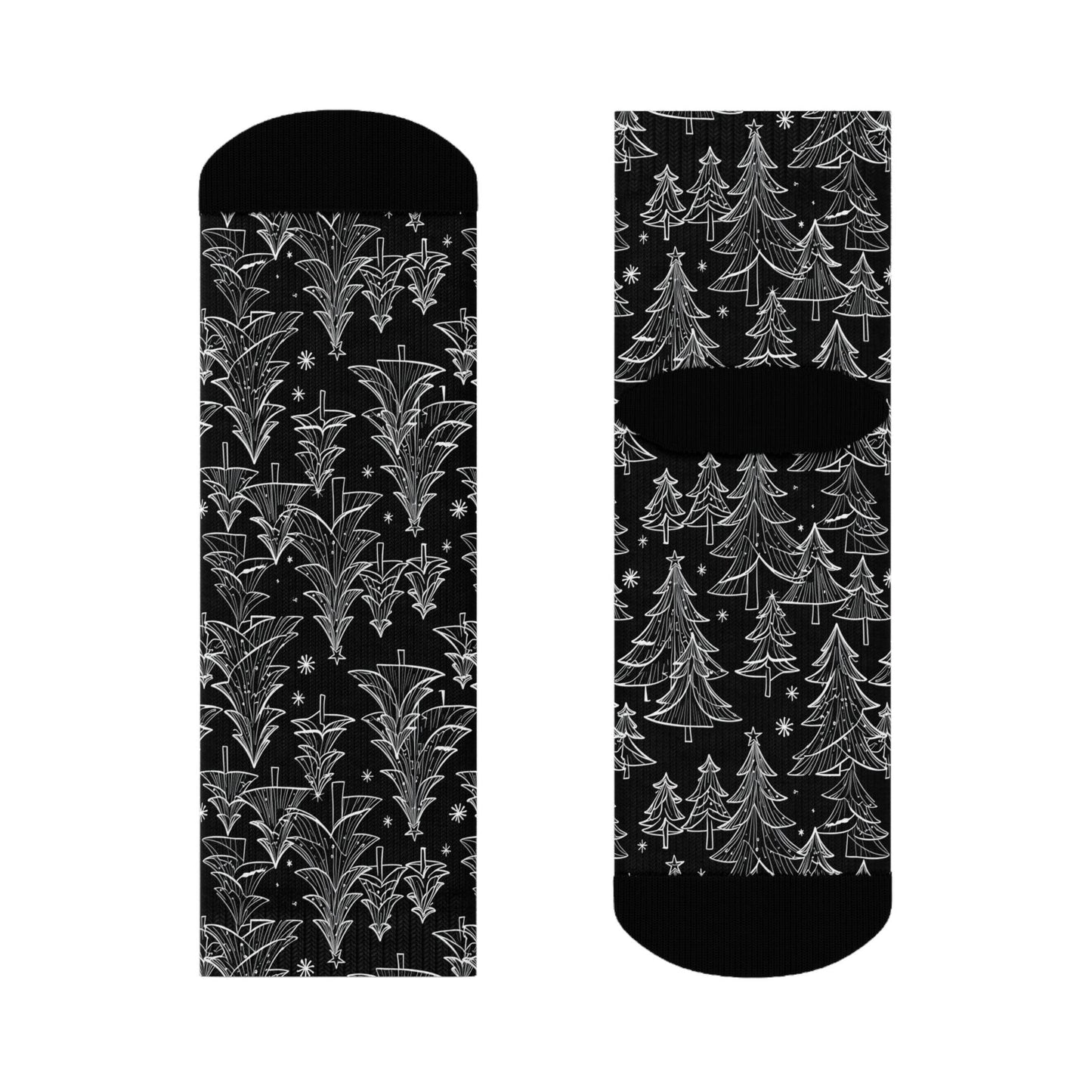 Black and White Christmas Trees Polyester Crew Socks 3 sizes - DeRose Seasonal