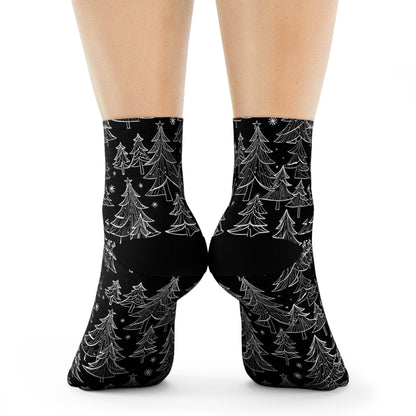 Black and White Christmas Trees Polyester Crew Socks 3 sizes - DeRose Seasonal