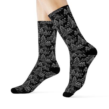 Black and White Christmas Trees Polyester Crew Socks 3 sizes - DeRose Seasonal