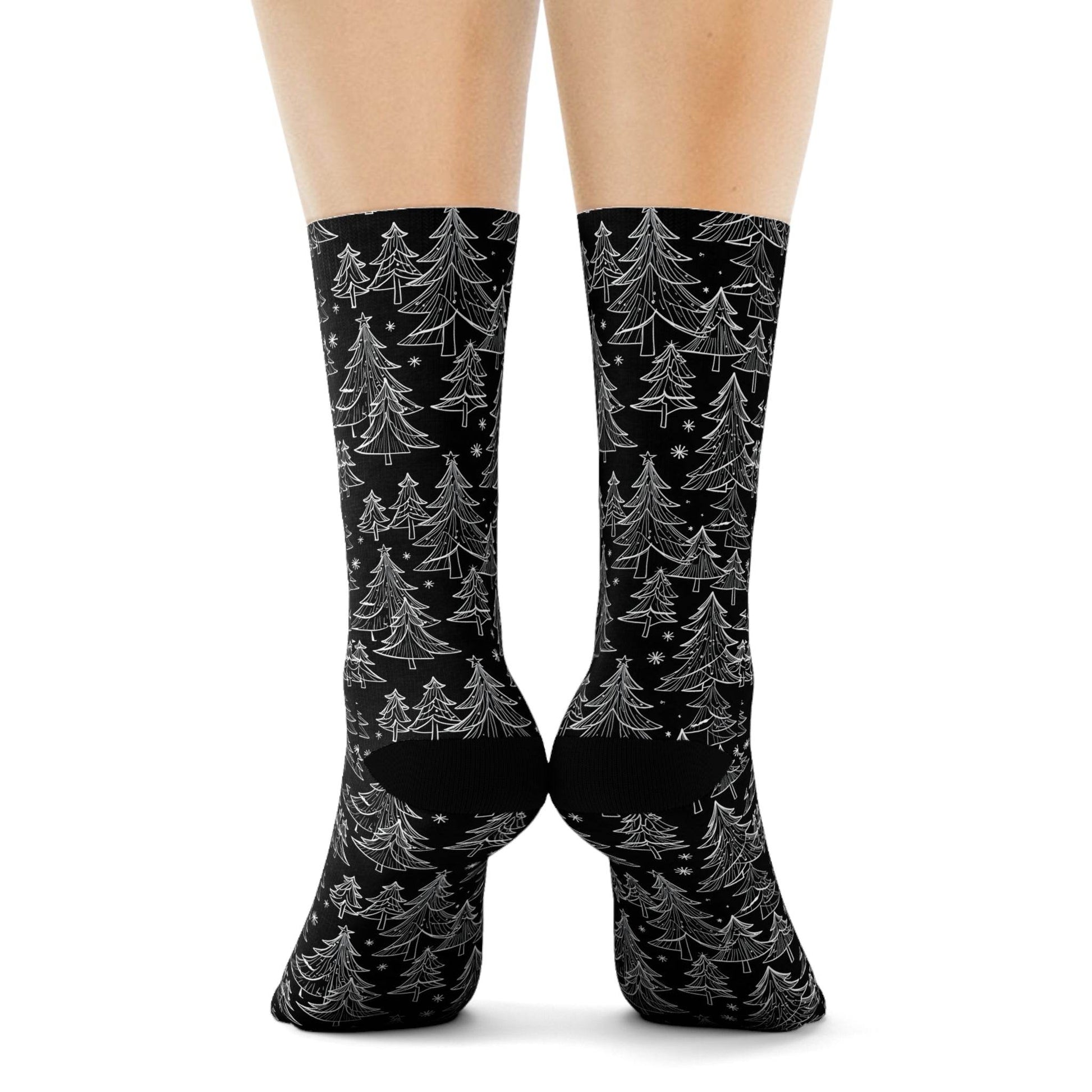 Black and White Christmas Trees Polyester Crew Socks 3 sizes - DeRose Seasonal