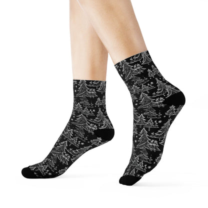 Black and White Christmas Trees Polyester Crew Socks 3 sizes - DeRose Seasonal