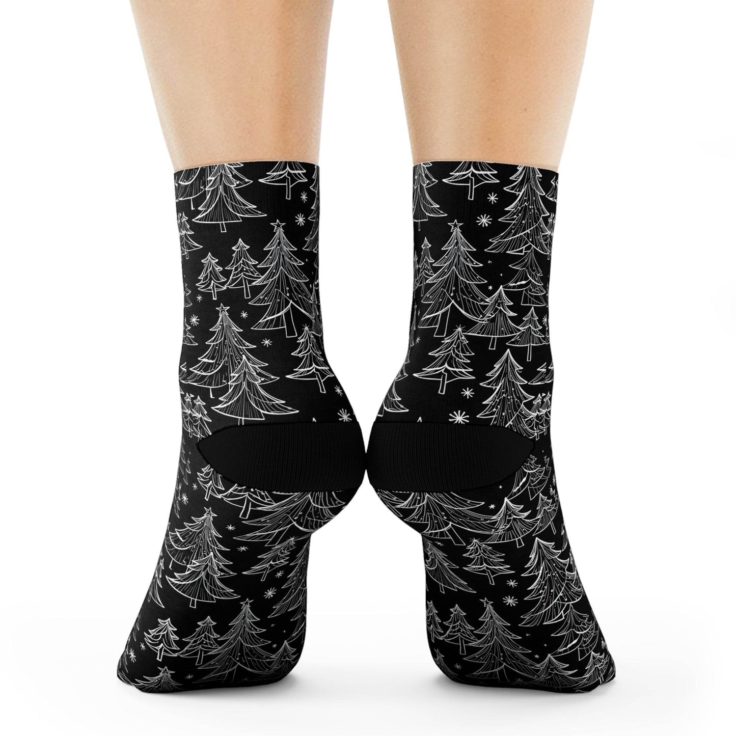 Black and White Christmas Trees Polyester Crew Socks 3 sizes - DeRose Seasonal