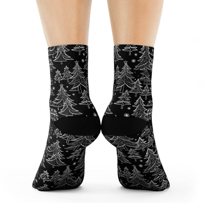 Black and White Christmas Trees Polyester Crew Socks 3 sizes - DeRose Seasonal