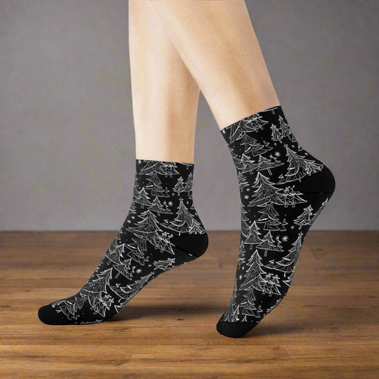 Black and White Christmas Trees Polyester Crew Socks 3 sizes - DeRose Seasonal