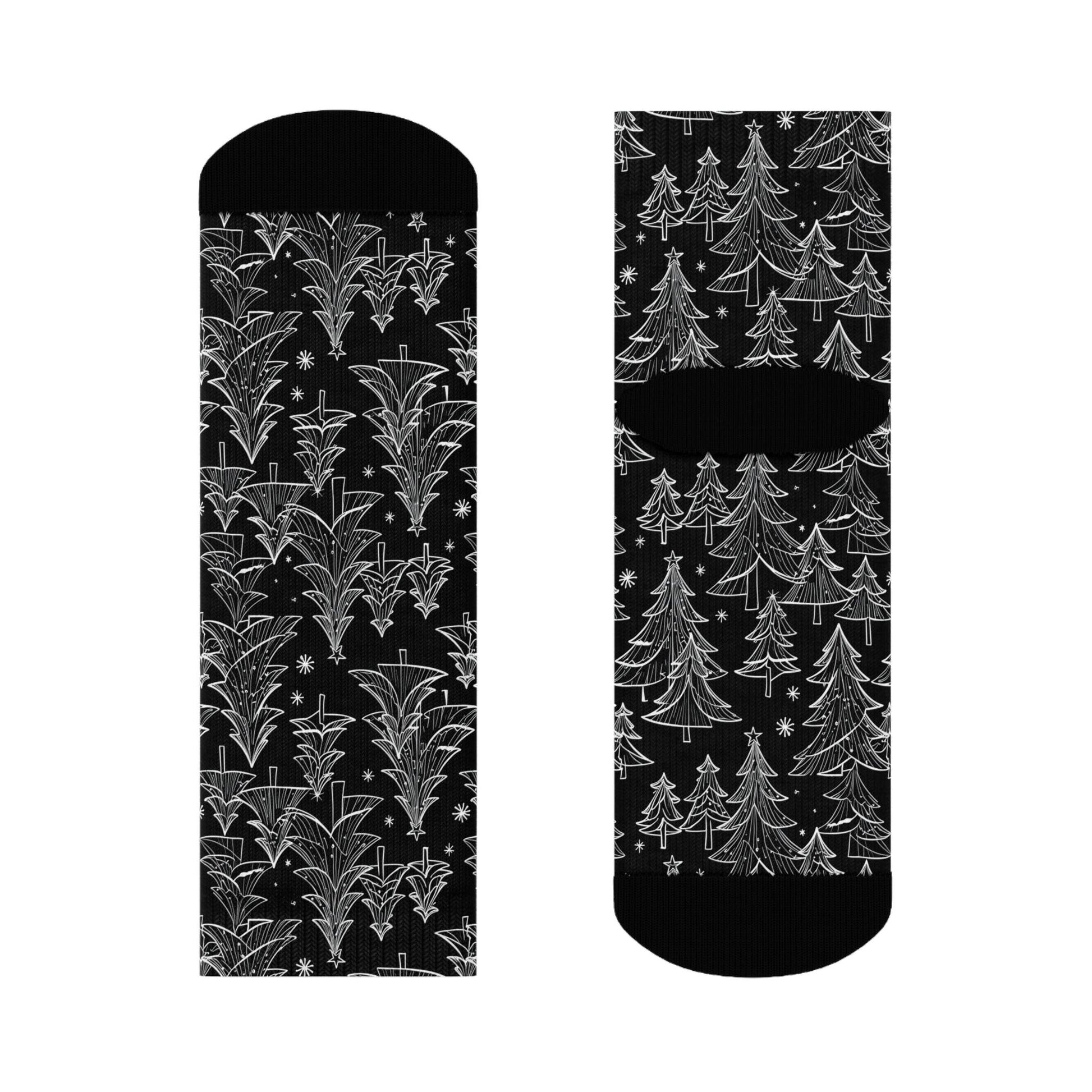 Black and White Christmas Trees Polyester Crew Socks 3 sizes - DeRose Seasonal