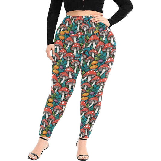 Colored Mushrooms Women's Plus Size High Waited Leggings Women's High Waist Leggings(Plus Size)(ModelL45) - DeRose Seasonal