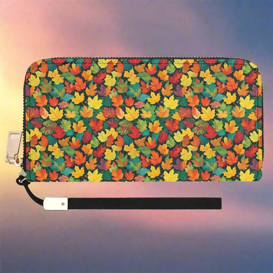 Colorful Leaves Women's Leather Zipper Wristlet Wallet - DeRose Seasonal