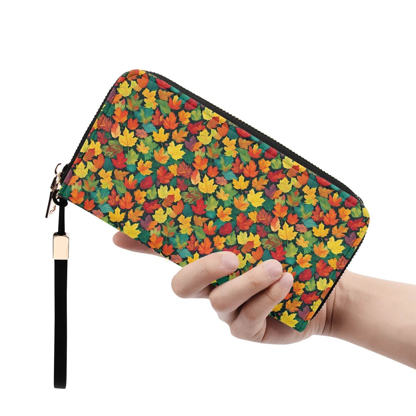 Colorful Leaves Women's Leather Zipper Wristlet Wallet - DeRose Seasonal