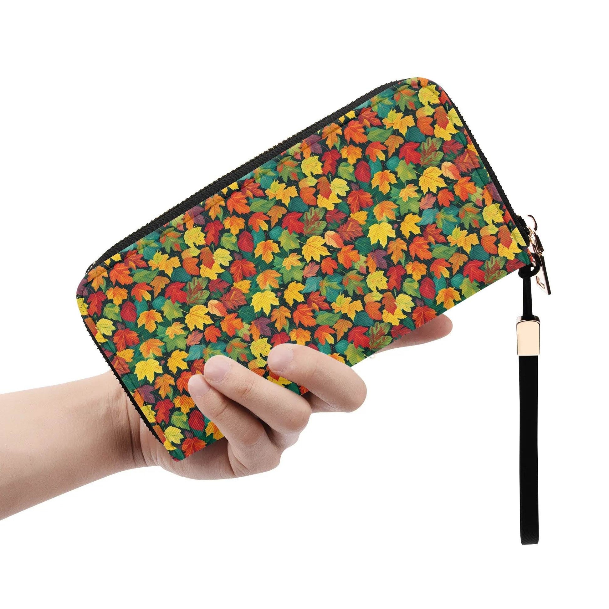 Colorful Leaves Women's Leather Zipper Wristlet Wallet - DeRose Seasonal