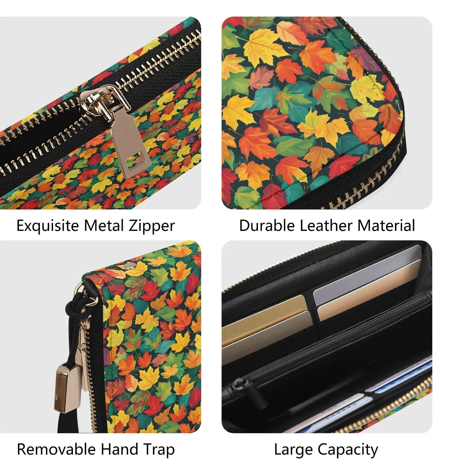 Colorful Leaves Women's Leather Zipper Wristlet Wallet - DeRose Seasonal