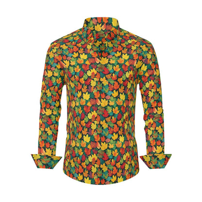 Colorful Leaves Men's Classic Long-Sleeved Button up Polyester Dress Shirt - DeRose Seasonal