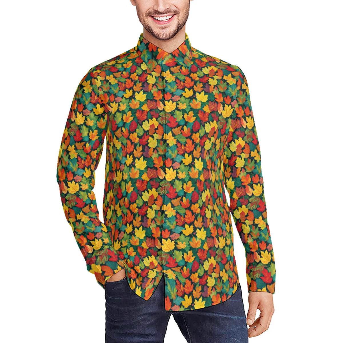 Colorful Leaves Men's Classic Long-Sleeved Button up Polyester Dress Shirt - DeRose Seasonal