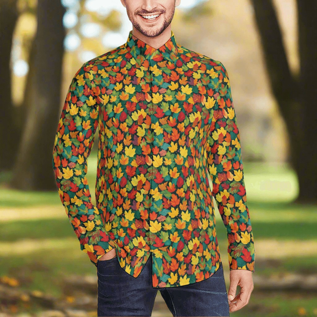 Colorful Leaves Men's Classic Long-Sleeved Button up Polyester Dress Shirt - DeRose Seasonal