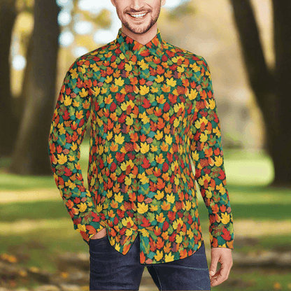 Colorful Leaves Men's Classic Long-Sleeved Button up Polyester Dress Shirt - DeRose Seasonal