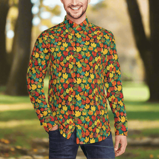 Colorful Leaves Men's Classic Long-Sleeved Button up Polyester Dress Shirt - DeRose Seasonal
