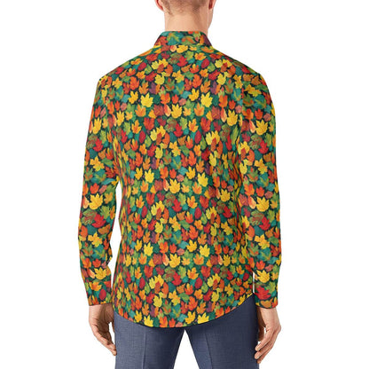 Colorful Leaves Men's Classic Long-Sleeved Button up Polyester Dress Shirt - DeRose Seasonal