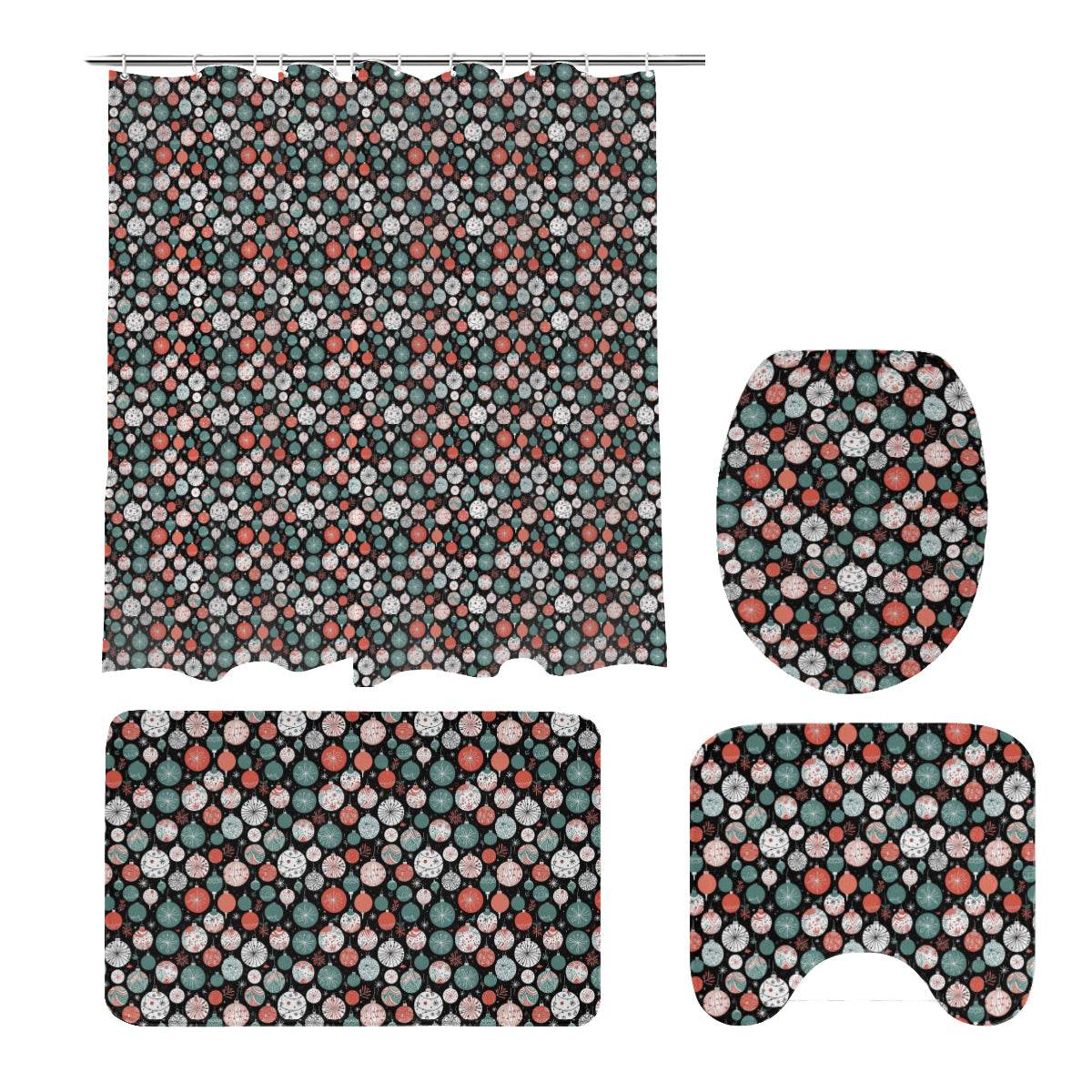 Colorful Ornament Bathroom Four-Piece Set(Shower Curtain + Toilet Cover Mat + Toilet Foot Mat + Floor Mat)| Polyester - DeRose Seasonal