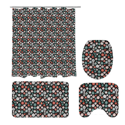 Colorful Ornament Bathroom Four-Piece Set(Shower Curtain + Toilet Cover Mat + Toilet Foot Mat + Floor Mat)| Polyester - DeRose Seasonal