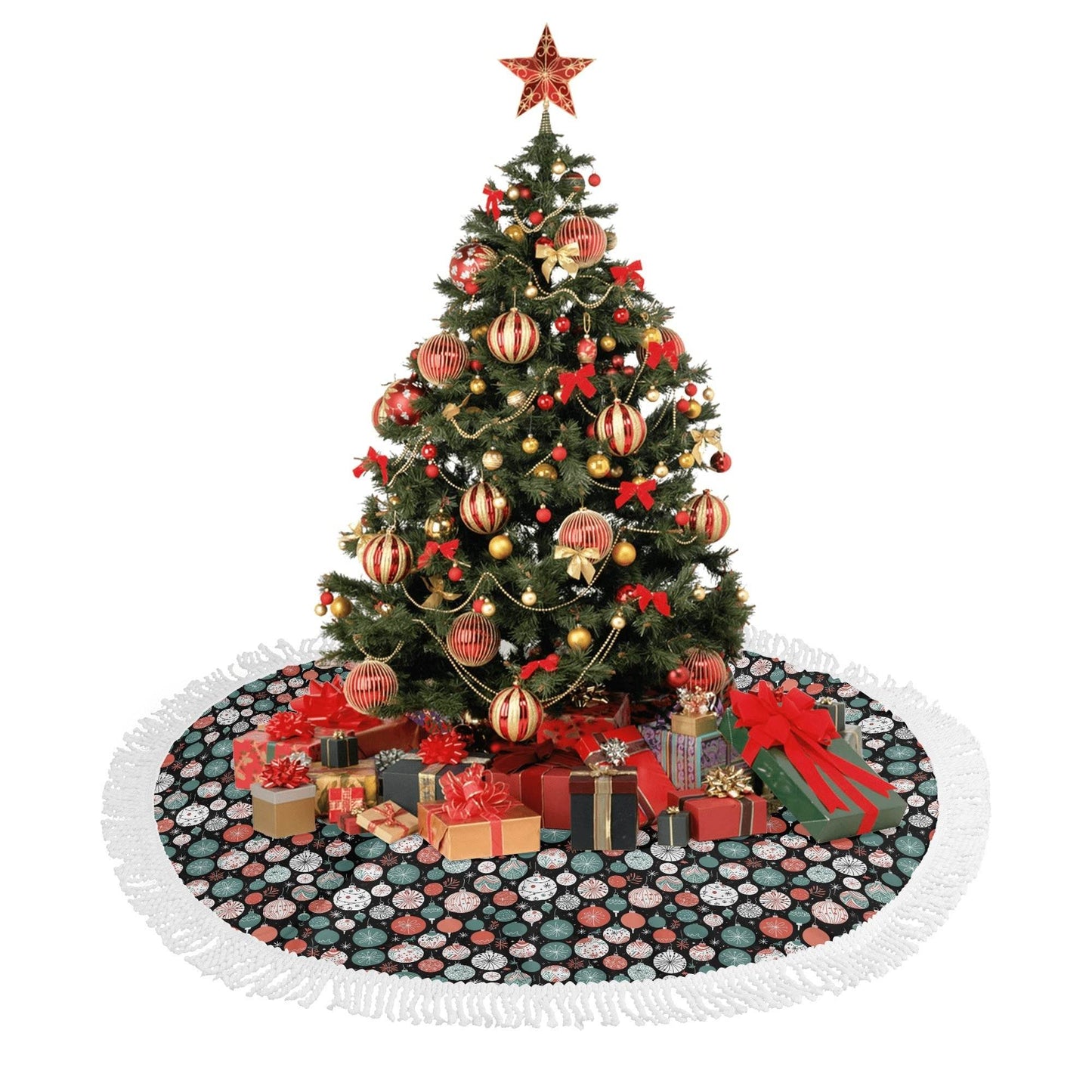 Colorful Ornament Fringed Christmas Tree Skirts - DeRose Seasonal