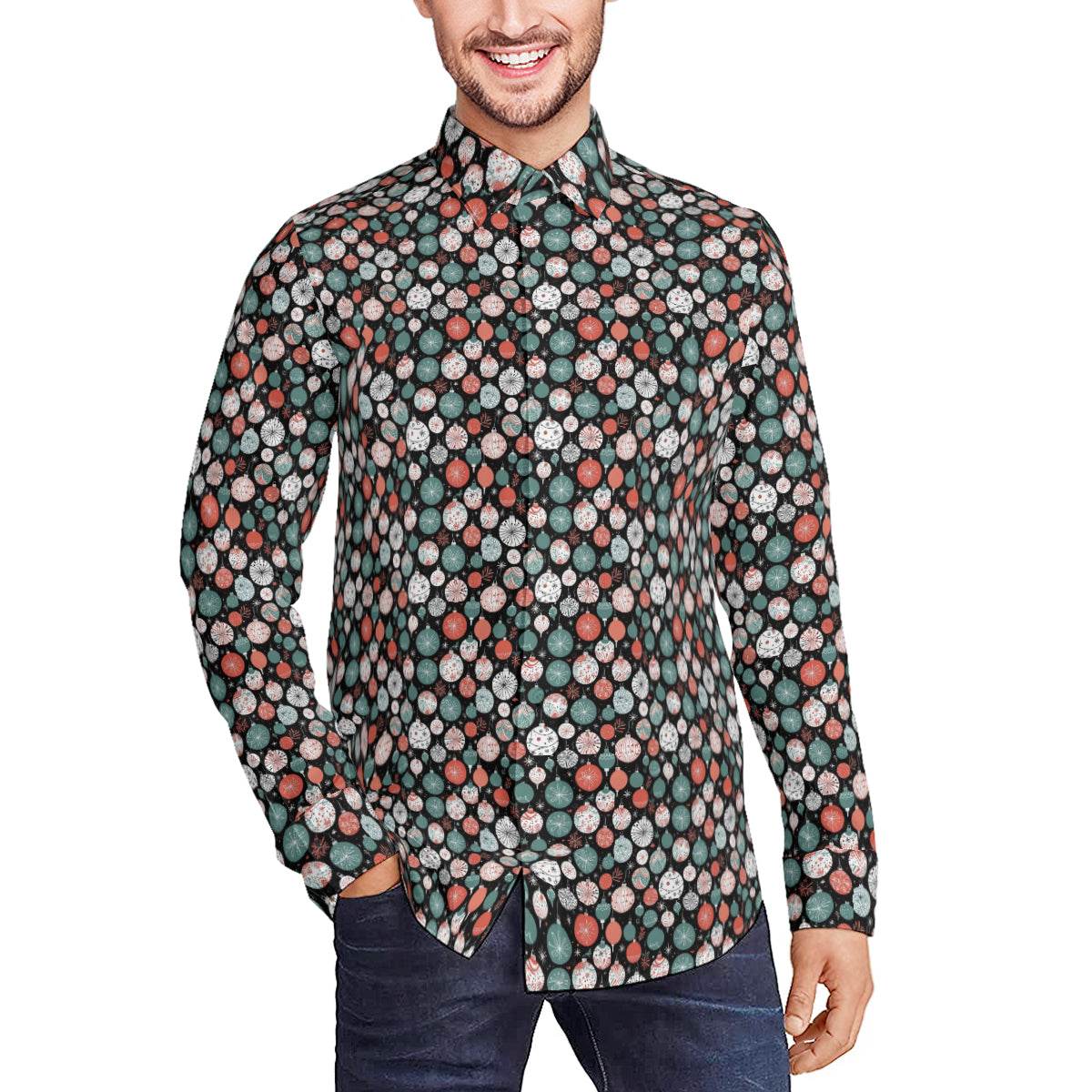 Colorful Ornament Men's Classic Long-Sleeved Button up Polyester Dress Shirt - DeRose Seasonal