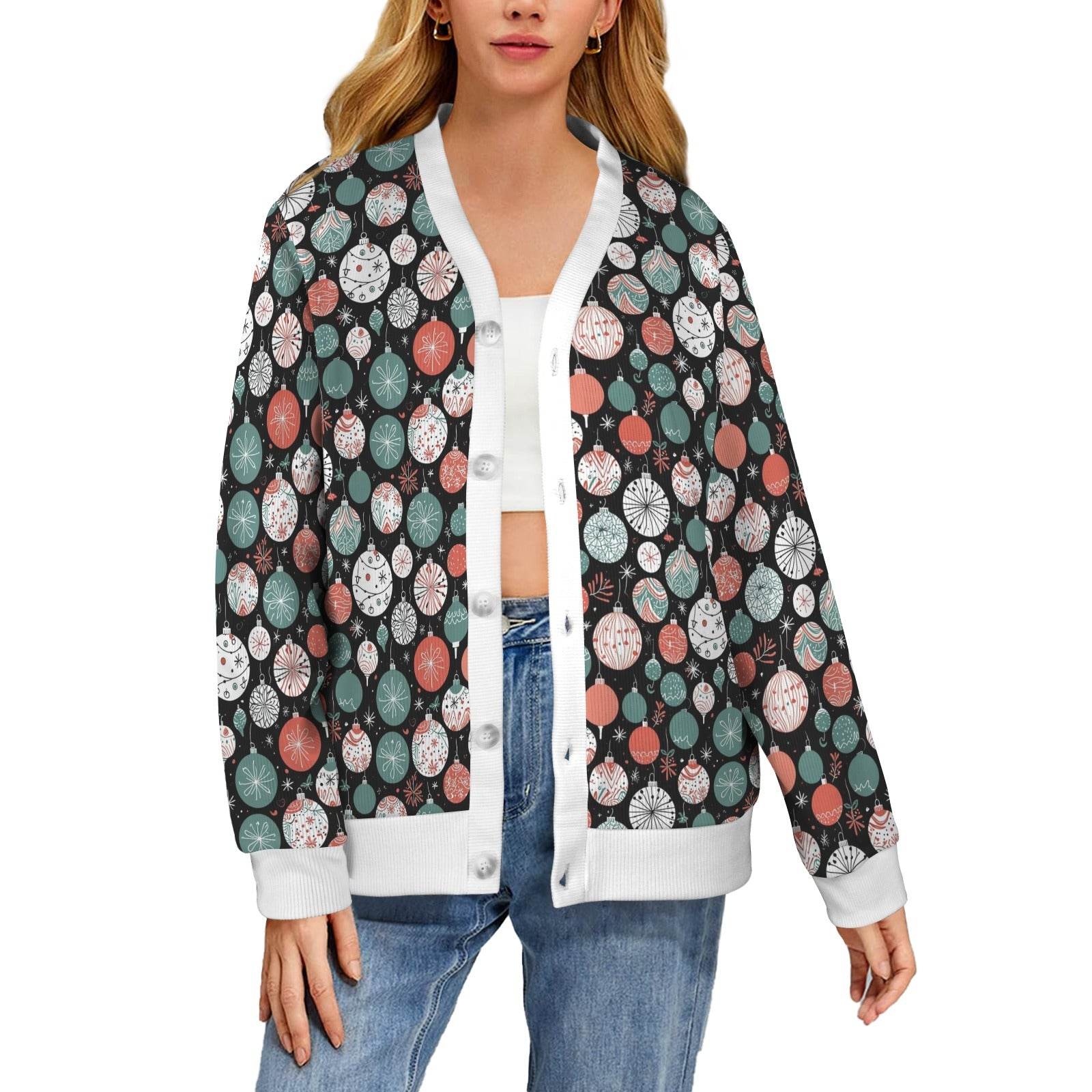 Colorful Ornament Women's Cardigan Button Sweater Custom Women's Cardigan (Model H73) - DeRose Seasonal