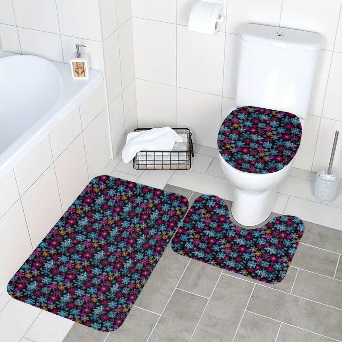 Colorful Party Snowflake Bathroom Four-Piece Set(Shower Curtain + Toilet Cover Mat + Toilet Foot Mat + Floor Mat)| Polyester - DeRose Seasonal