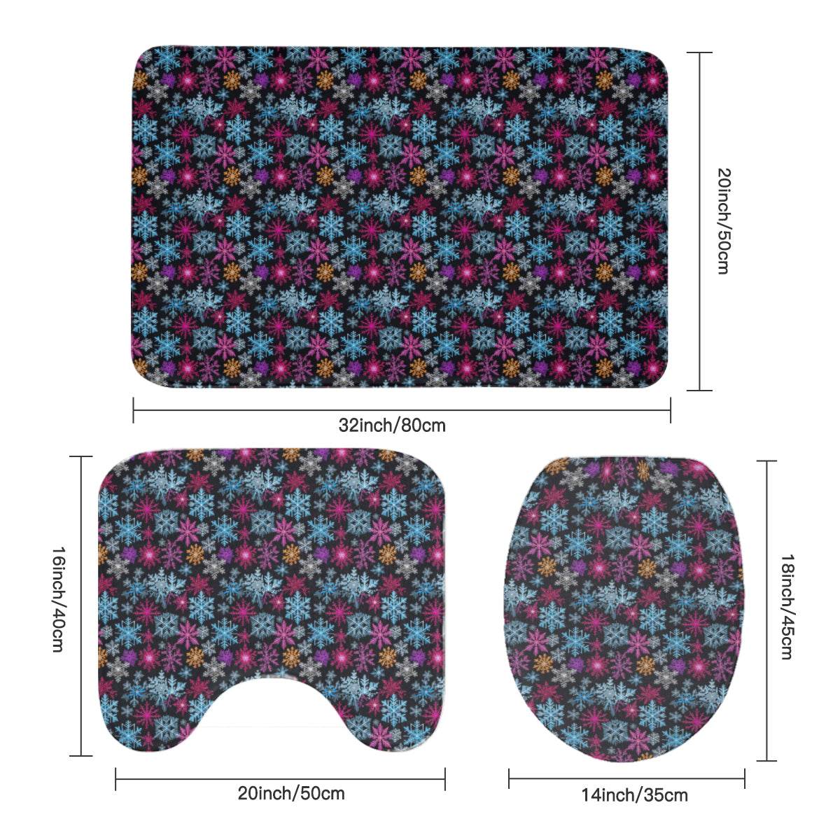 Colorful Party Snowflake Bathroom Four-Piece Set(Shower Curtain + Toilet Cover Mat + Toilet Foot Mat + Floor Mat)| Polyester - DeRose Seasonal