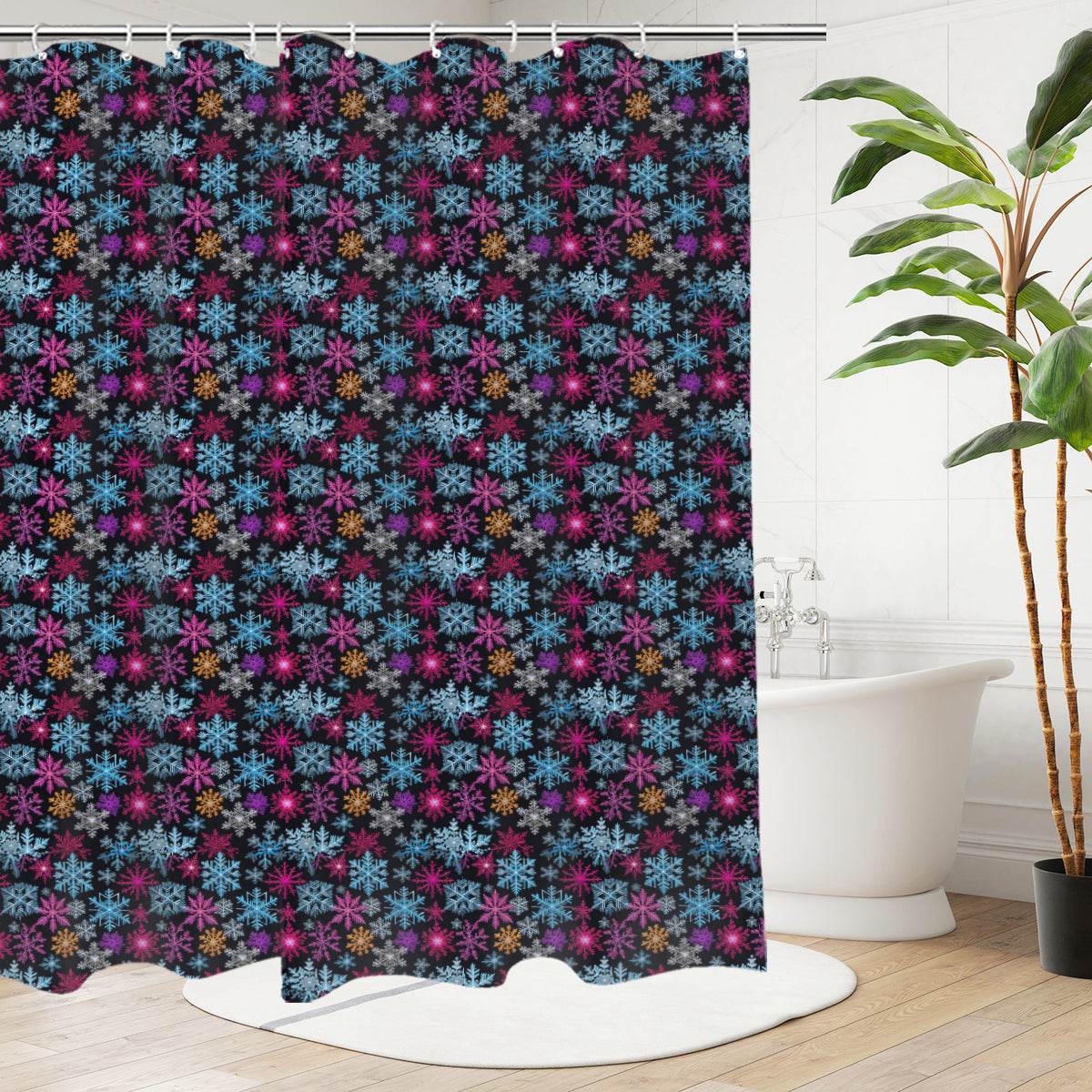 Colorful Party Snowflake Bathroom Four-Piece Set(Shower Curtain + Toilet Cover Mat + Toilet Foot Mat + Floor Mat)| Polyester - DeRose Seasonal