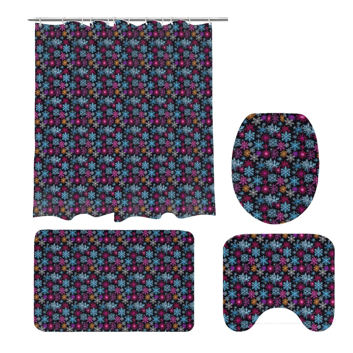 Colorful Party Snowflake Bathroom Four-Piece Set(Shower Curtain + Toilet Cover Mat + Toilet Foot Mat + Floor Mat)| Polyester - DeRose Seasonal