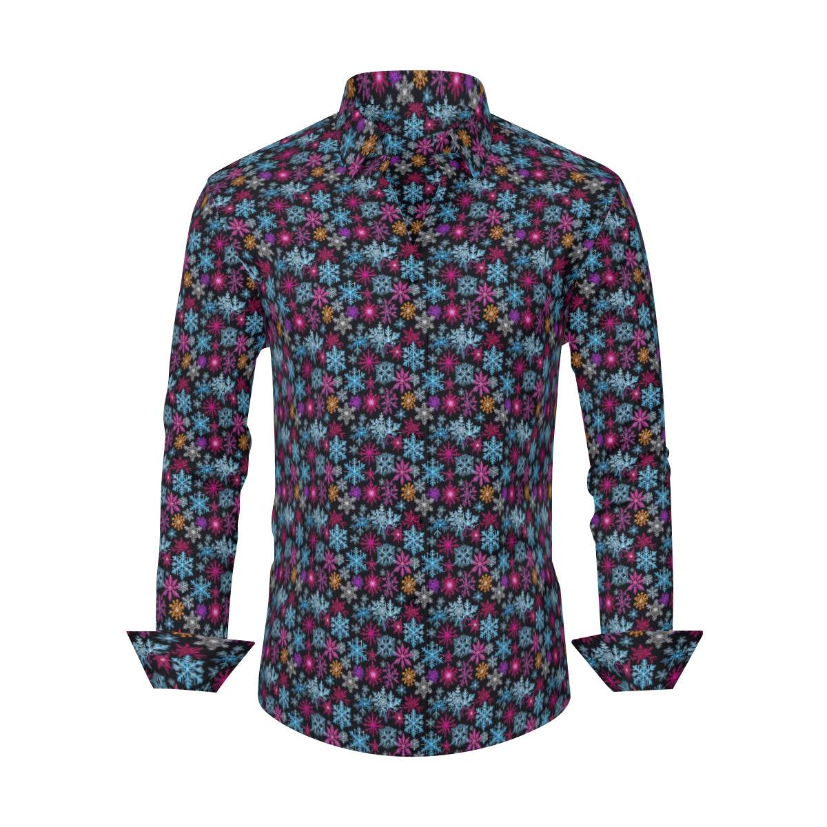 Colorful Party Snowflake Men's Classic Long-Sleeved Button up Polyester Dress Shirt - DeRose Seasonal