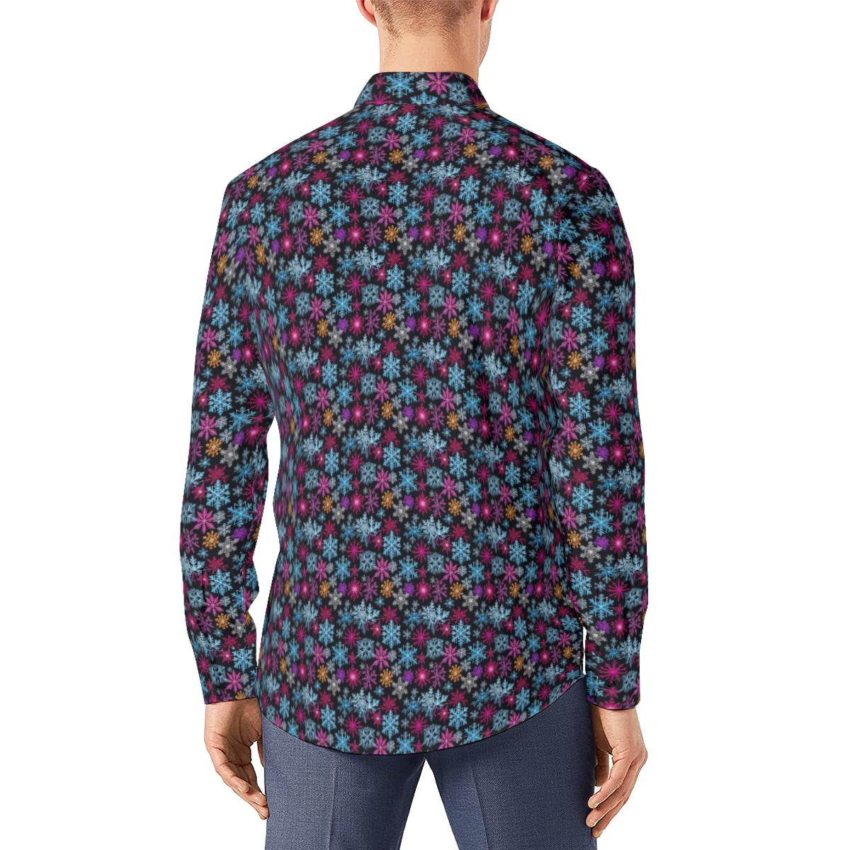 Colorful Party Snowflake Men's Classic Long-Sleeved Button up Polyester Dress Shirt - DeRose Seasonal