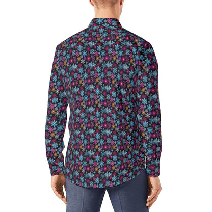 Colorful Party Snowflake Men's Classic Long-Sleeved Button up Polyester Dress Shirt - DeRose Seasonal