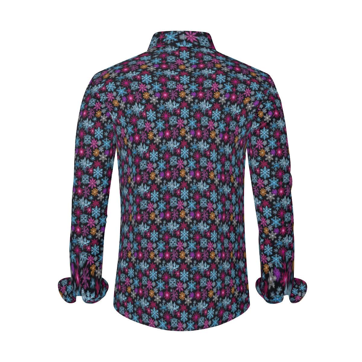 Colorful Party Snowflake Men's Classic Long-Sleeved Button up Polyester Dress Shirt - DeRose Seasonal