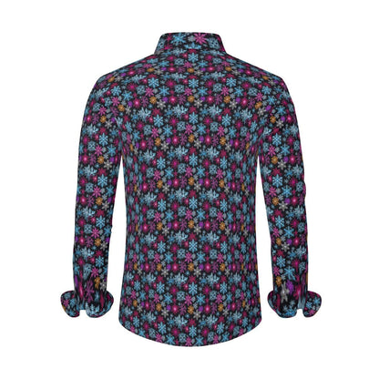 Colorful Party Snowflake Men's Classic Long-Sleeved Button up Polyester Dress Shirt - DeRose Seasonal