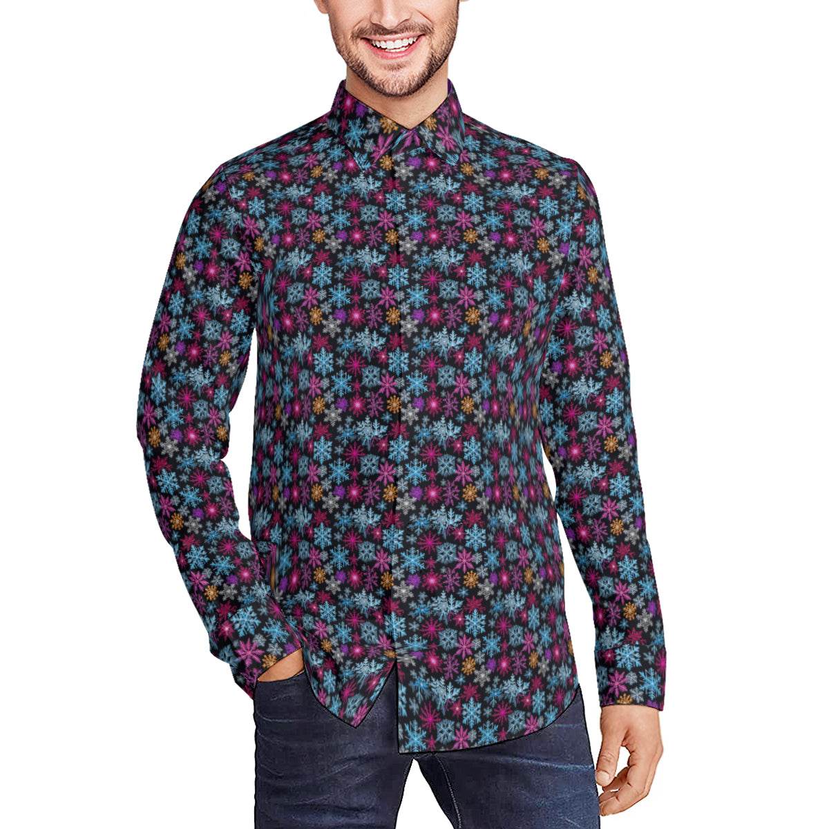 Colorful Party Snowflake Men's Classic Long-Sleeved Button up Polyester Dress Shirt - DeRose Seasonal