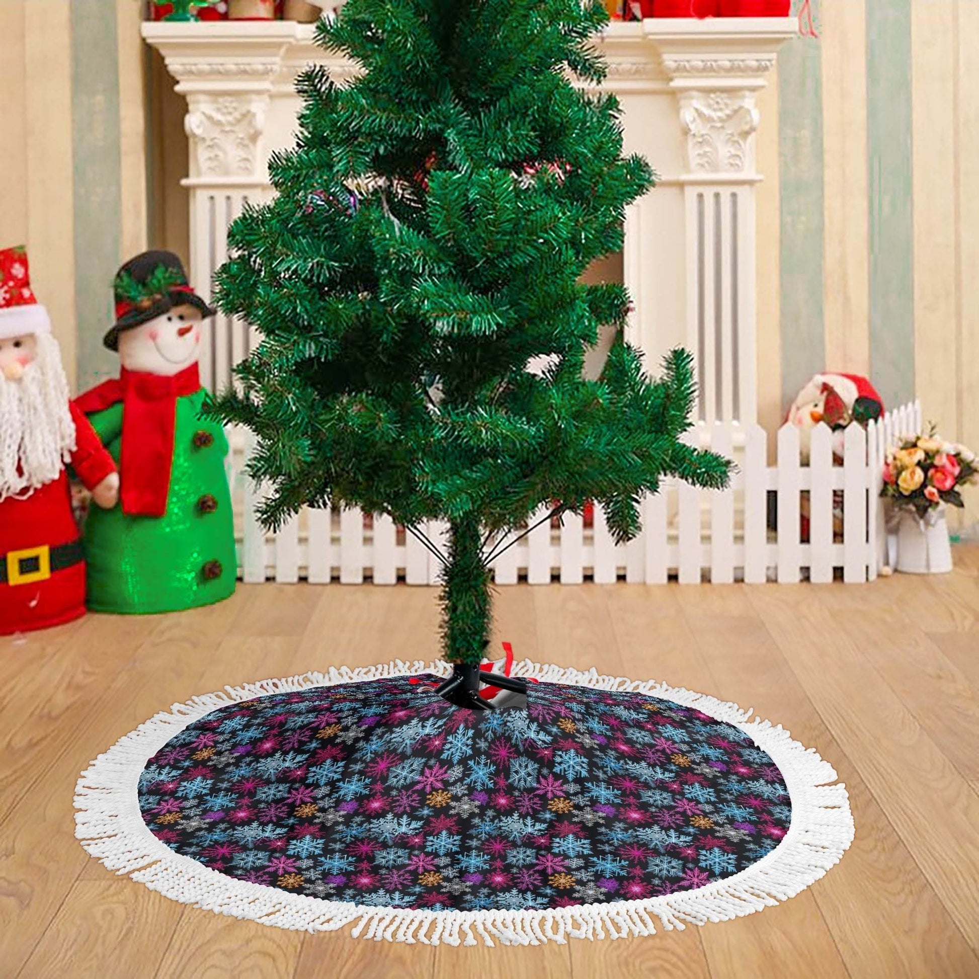 Colorful Party Snowflakes Fringed Christmas Tree Skirts - DeRose Seasonal