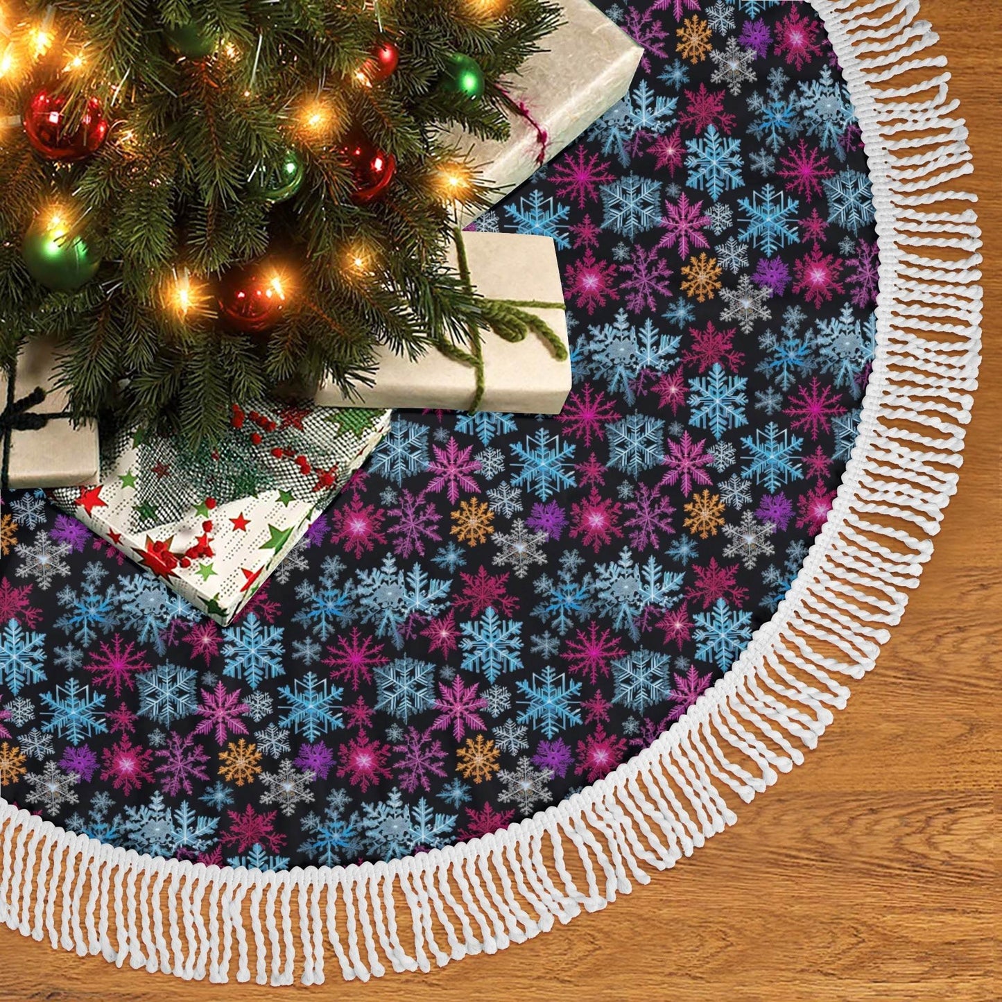 Colorful Party Snowflakes Fringed Christmas Tree Skirts - DeRose Seasonal