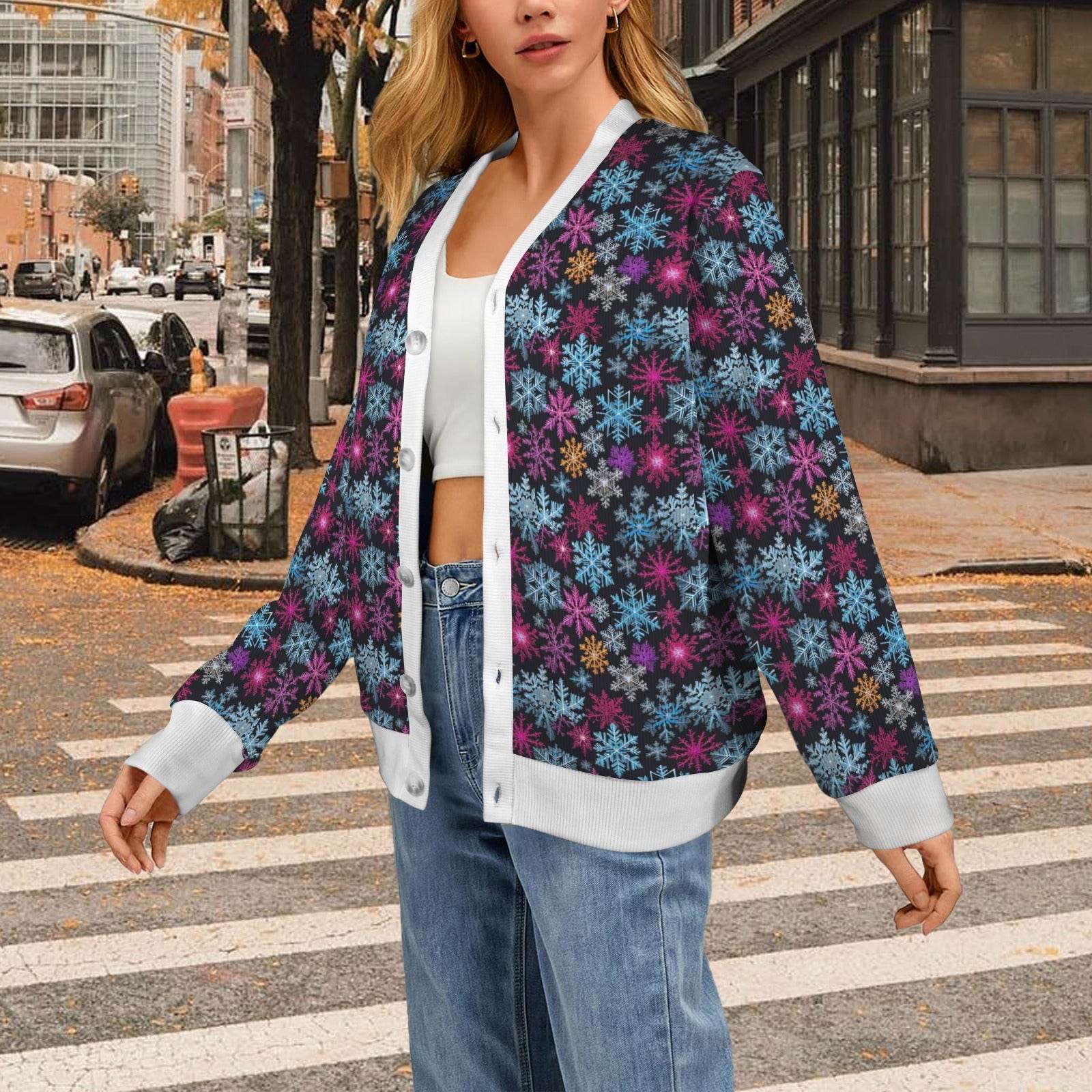 Colorful Party Snowflakes Women's Cardigan Button Sweater Custom Women's Cardigan (Model H73) - DeRose Seasonal