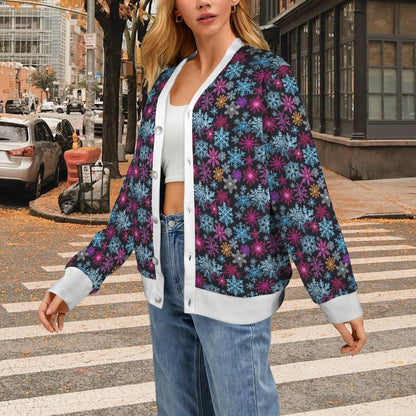 Colorful Party Snowflakes Women's Cardigan Button Sweater Custom Women's Cardigan (Model H73) - DeRose Seasonal