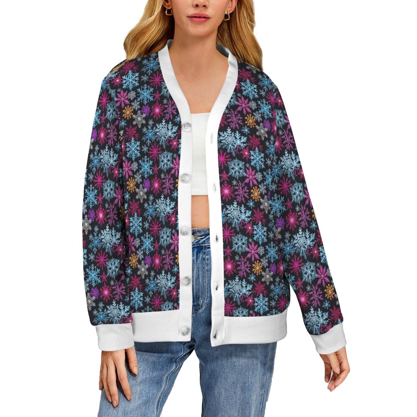 Colorful Party Snowflakes Women's Cardigan Button Sweater Custom Women's Cardigan (Model H73) - DeRose Seasonal