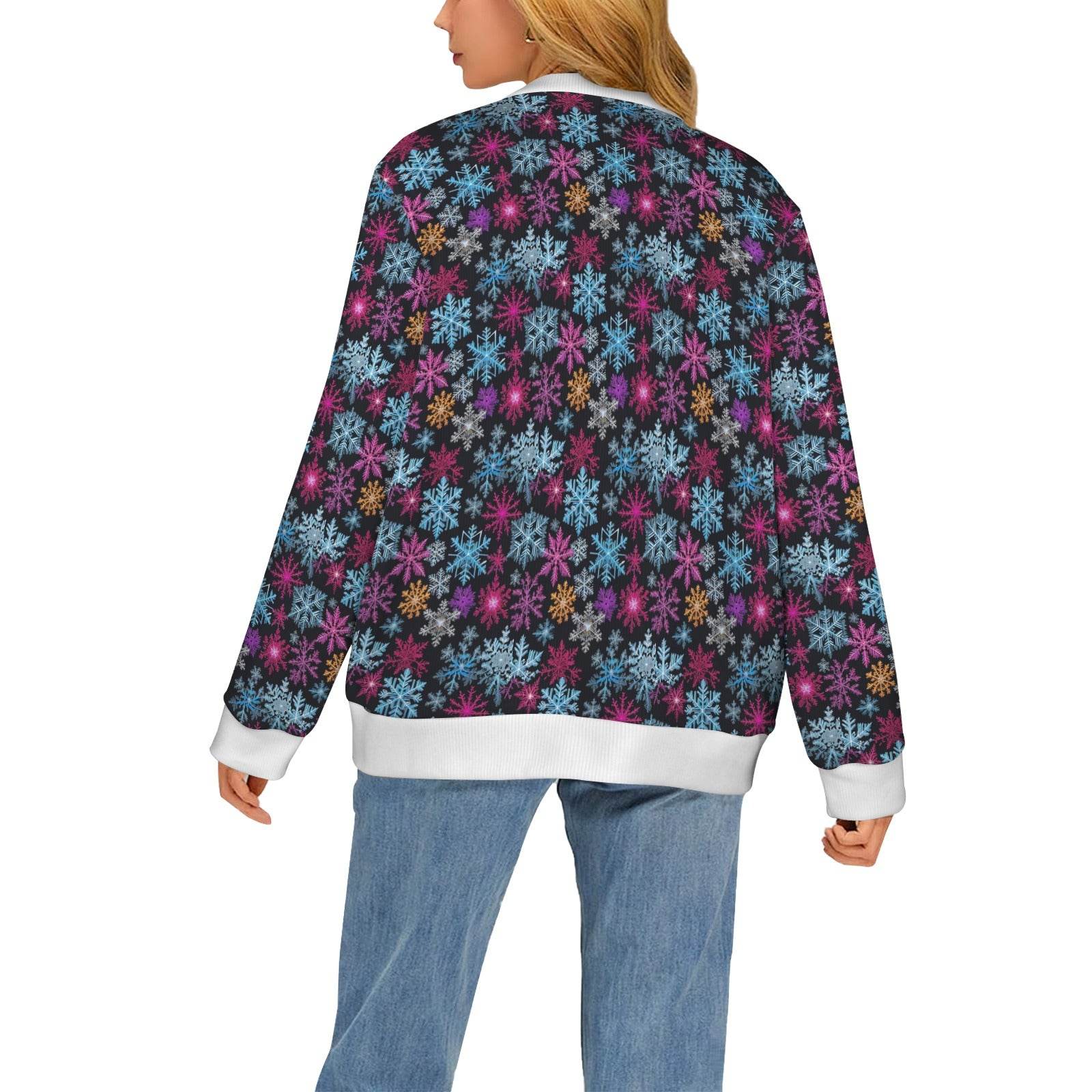 Colorful Party Snowflakes Women's Cardigan Button Sweater Custom Women's Cardigan (Model H73) - DeRose Seasonal