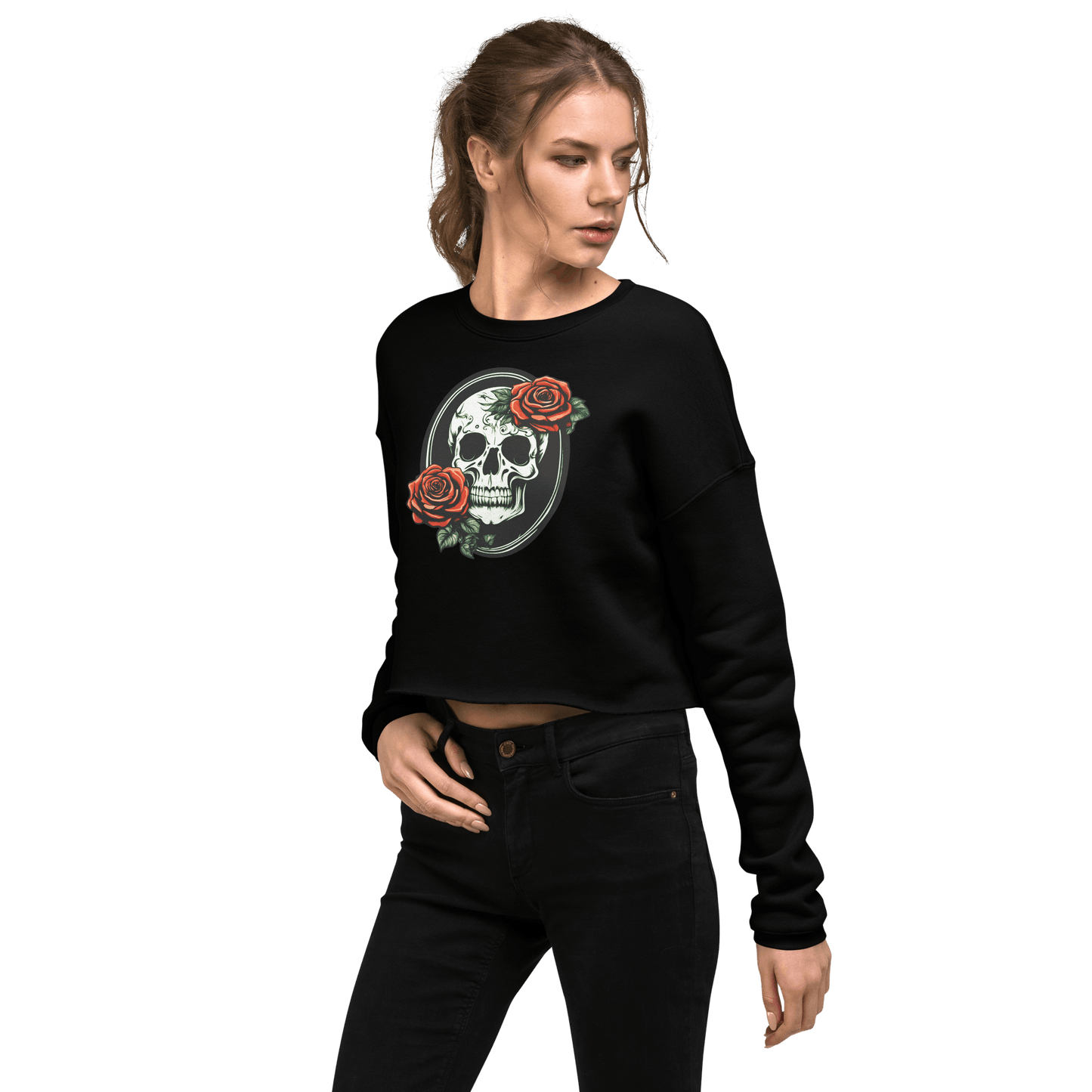Women's Crop Top Skull and Rose Sweatshirt - Deathdrip Branding - DeRose Seasonal