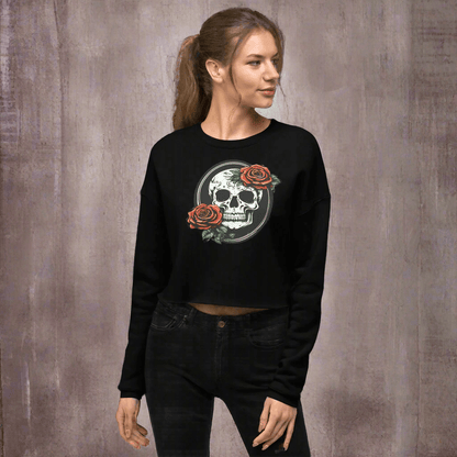 Women's Crop Top Skull and Rose Sweatshirt - Deathdrip Branding - DeRose Seasonal