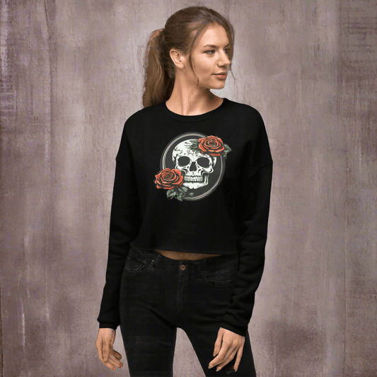 Women's Crop Top Skull and Rose Sweatshirt - Deathdrip Branding - DeRose Seasonal