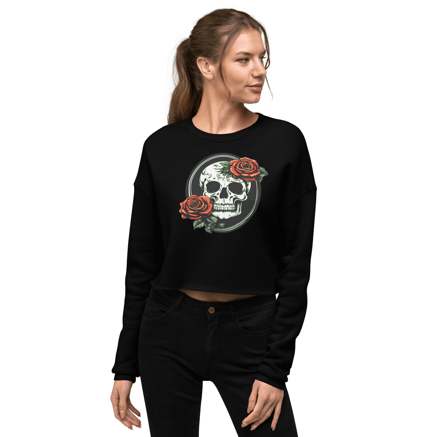 Women's Crop Top Skull and Rose Sweatshirt - Deathdrip Branding - DeRose Seasonal
