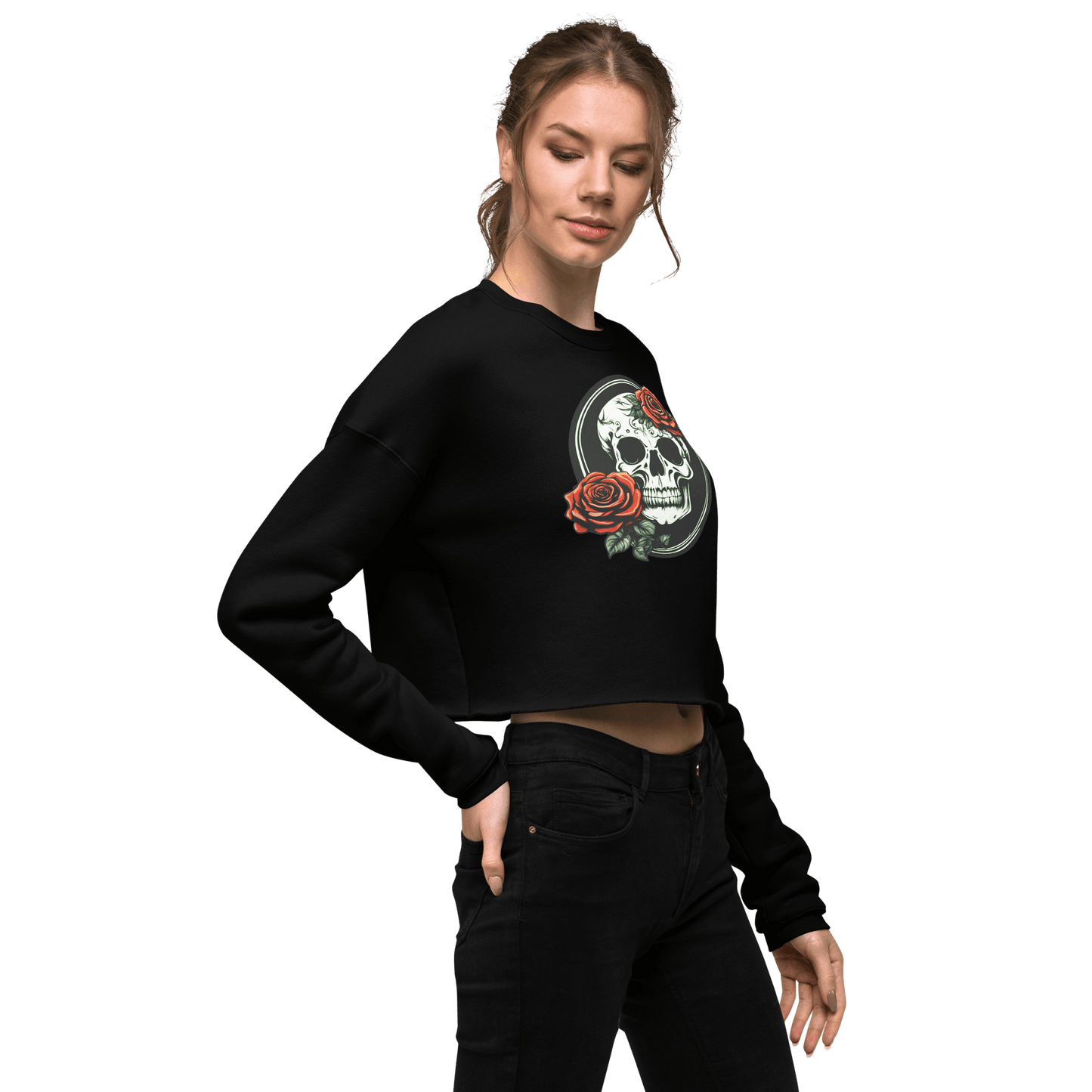Women's Crop Top Skull and Rose Sweatshirt - Deathdrip Branding - DeRose Seasonal