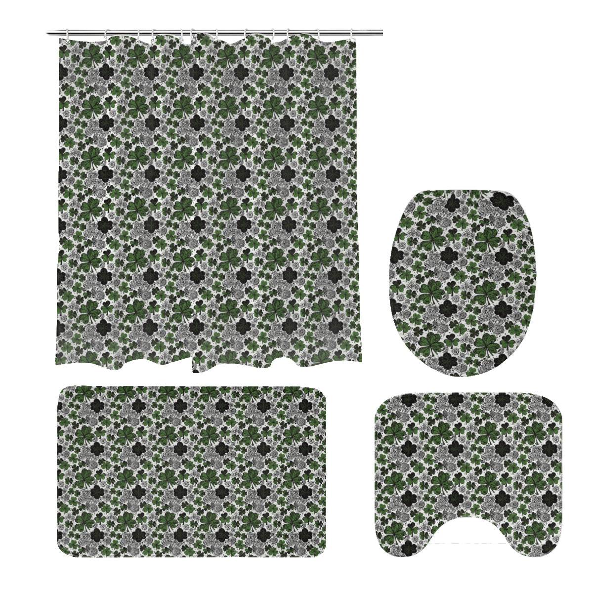 Scribbled Clovers Bathroom Four-Piece Set(Shower Curtain + Toilet Cover Mat + Toilet Foot Mat + Floor Mat)| Polyester - DeRose Seasonal